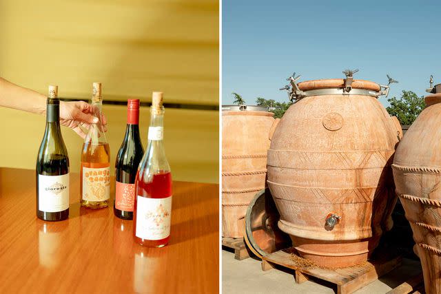 <p>Cayce Clifford</p> From left: Bottles at Giornata, an Italian-influenced winery in Paso Robles; clay amphorae from Italy’s Abruzzo region, used for aging traditional skin-contact wines at Giornata.