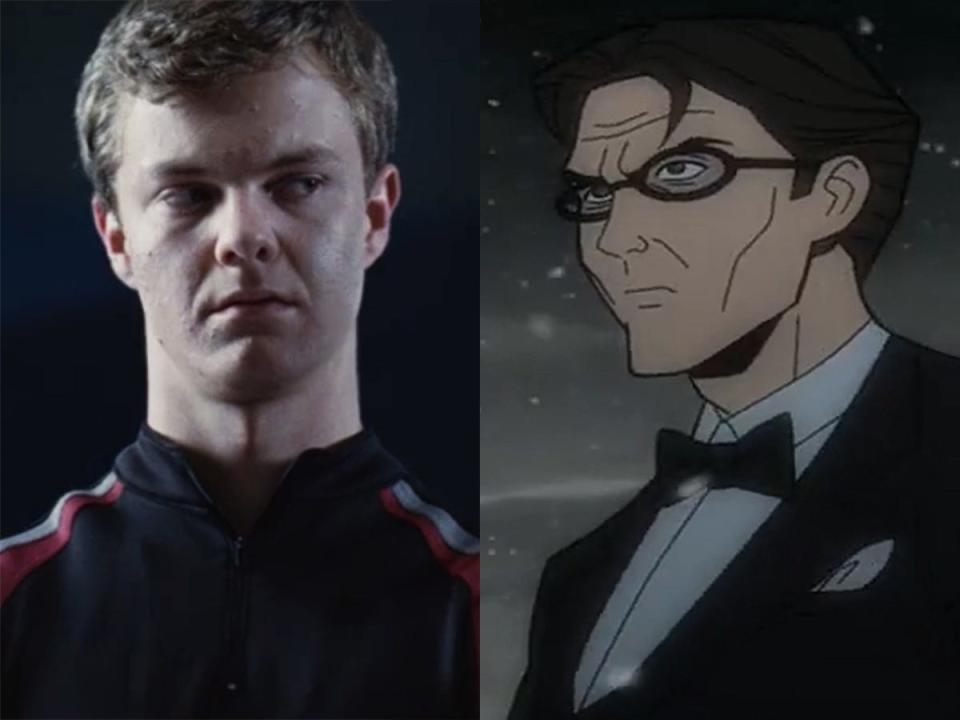 On the left: Jack Quaid as Marvel in "The Hunger Games." On the right: The animated character Alberto Falcone in " Batman: The Long Halloween, Part One."