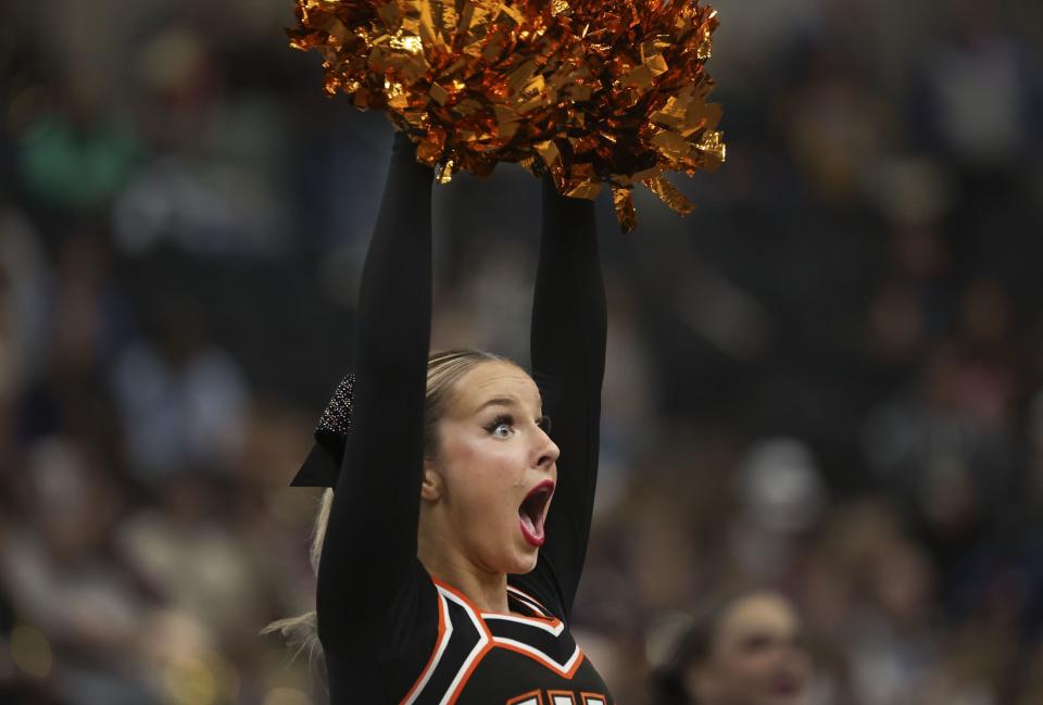 Ashley Musselman of Monticello High School competes in the dance category at the Competitive Cheer Tournament at the UCCU Center at Utah Valley University in Orem on Thursday, Jan. 25, 2023. | Laura Seitz, Deseret News