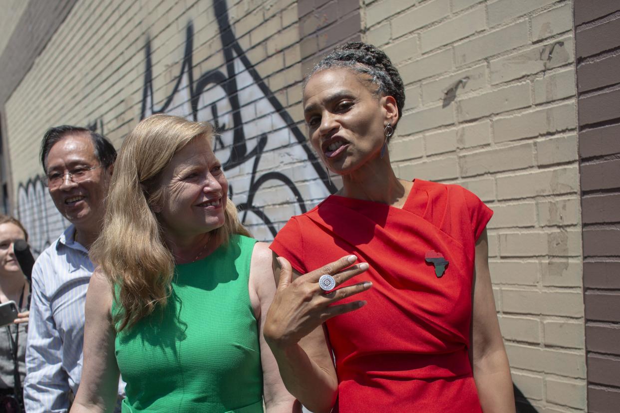 New York City mayoral candidates Kathryn Garcia, left, and Maya Wiley speak at the unveiling of a mural in Chinatown on Sunday, June 20, in New York City. Garcia and Andrew Yang are campaigning together in the lead-up to primary Election Day on June 22. 