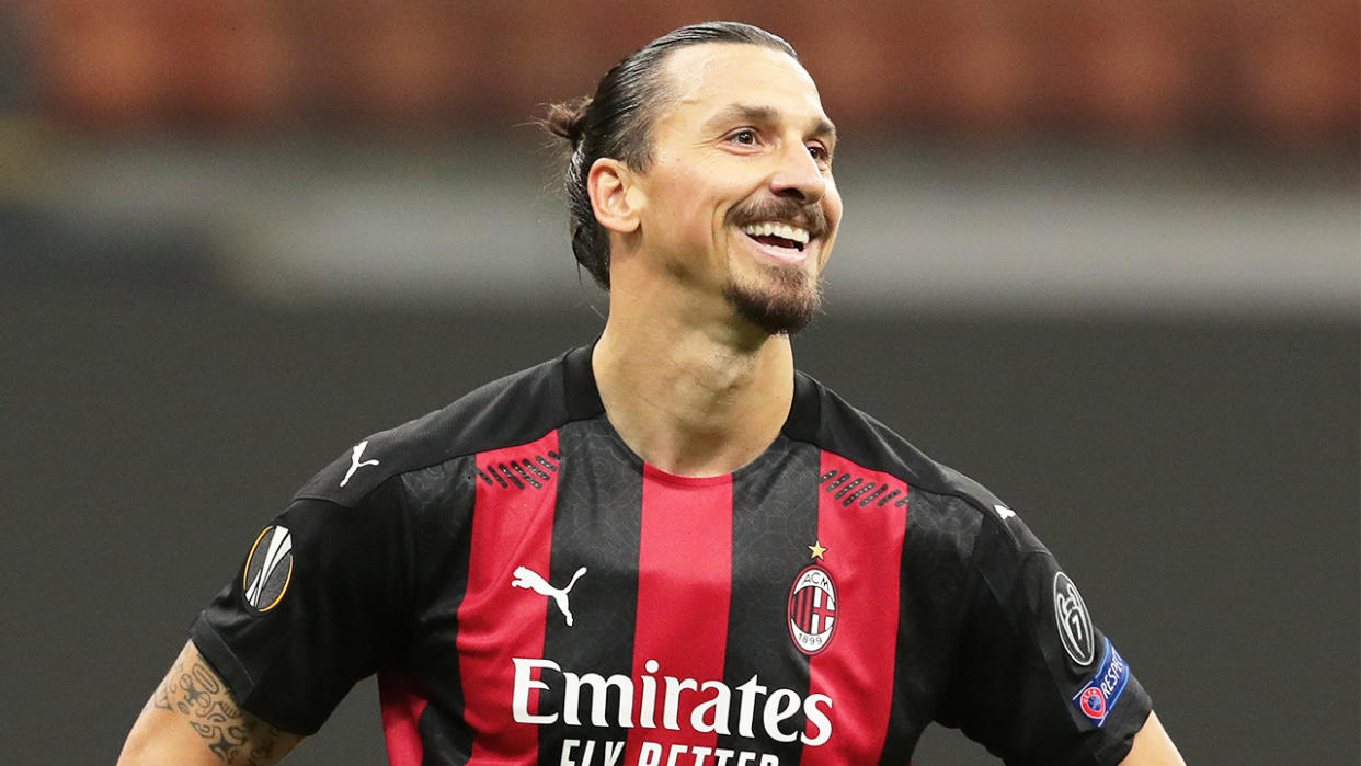 Zlatan Ibrahimovic (pictured) smiling for AC Milan.