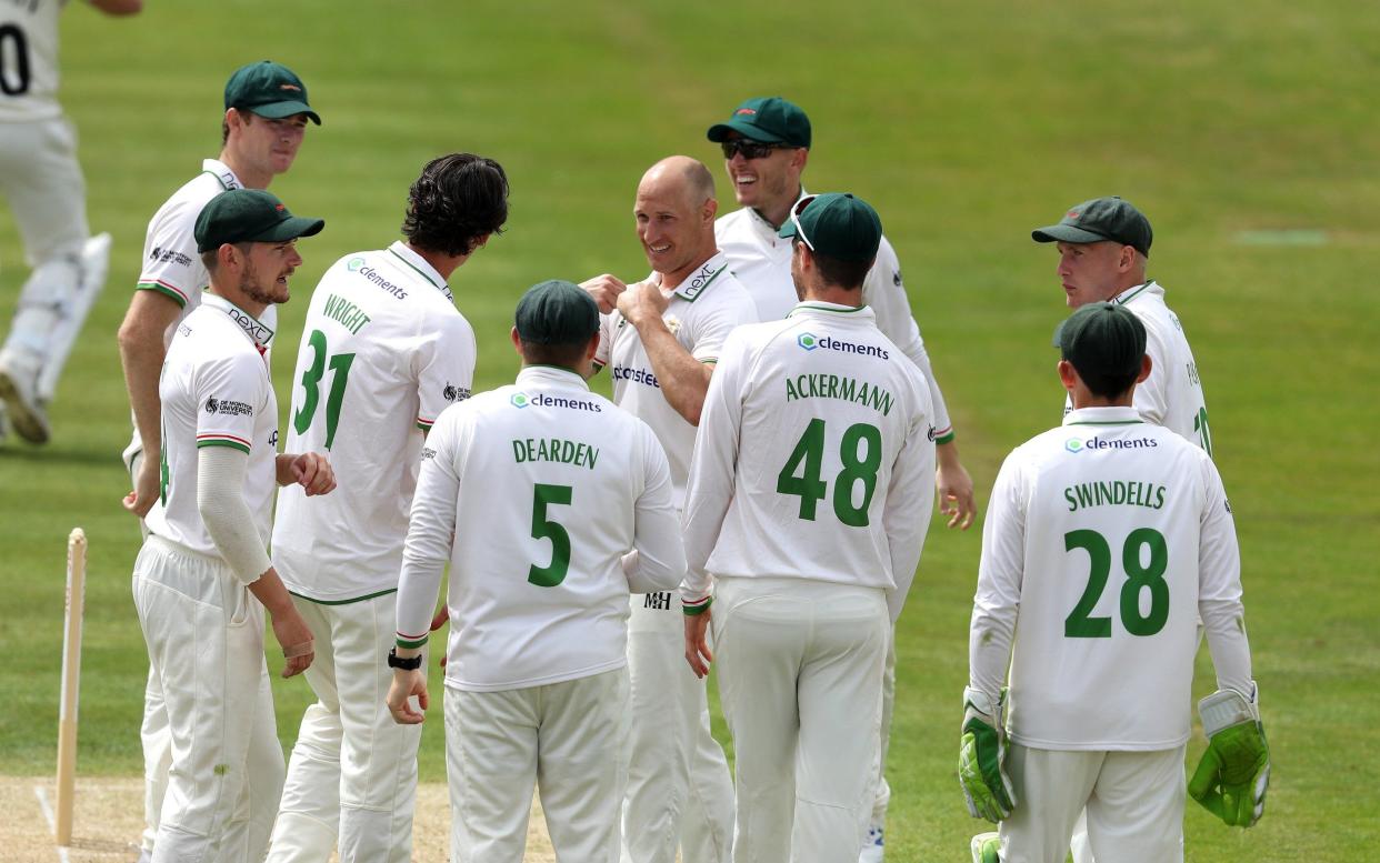 Dieter Klein of Leicesteshire celebrates with team mates after taking the wicket of Josh Bohannon during Day 1 of the Bob Willis Trophy match between Leicestershire and Lancashire at New Road on August 01, 2020 in Worcester, England. - GETTY IMAGES