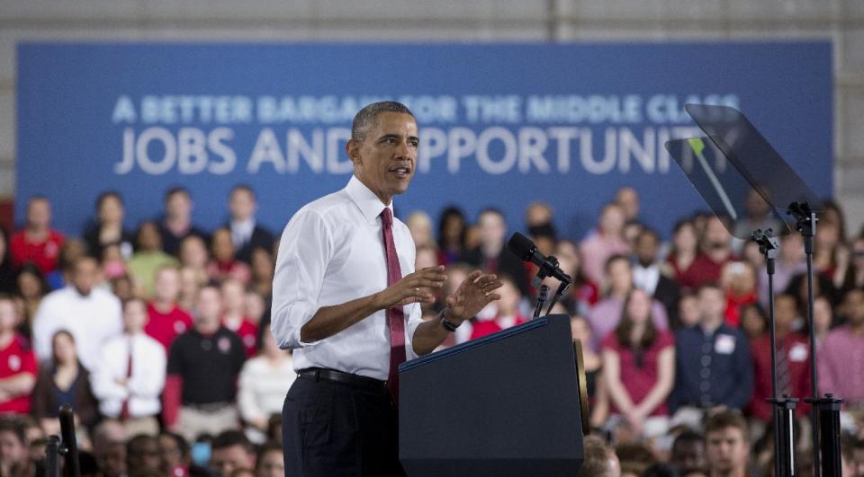 President Barack Obama speaks about the economy, jobs, and manufacturing, Wednesday, Jan. 15, 2014, at North Carolina State University in Raleigh, N.C. (AP Photo/Carolyn Kaster)