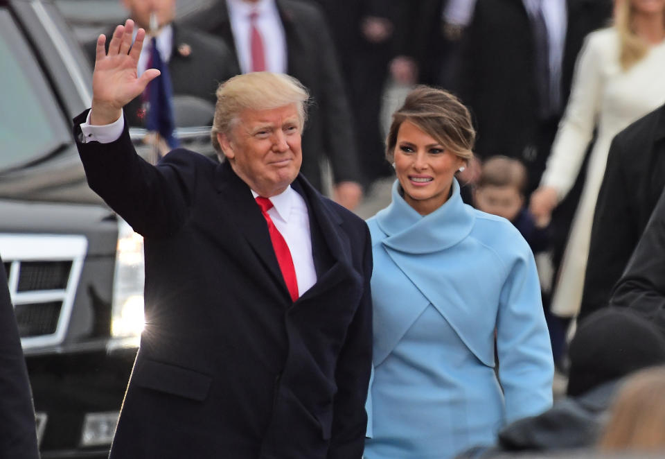  United States President Donald J. Trump and first lady Melania Trump walk in the Inaugural Parade celebrating the Inauguration of Donald J. Trump as the 45th President of the United States down Pennsylvania Avenue in Washington, DC on Friday, January 20, 2017. (Photo by Ron Sachs/CNP) (Restrictions: No New York or New Jersey Newspapers or newspapers within a 75 mile radius of New York City) *** Please Use Credit from Credit Field *** 