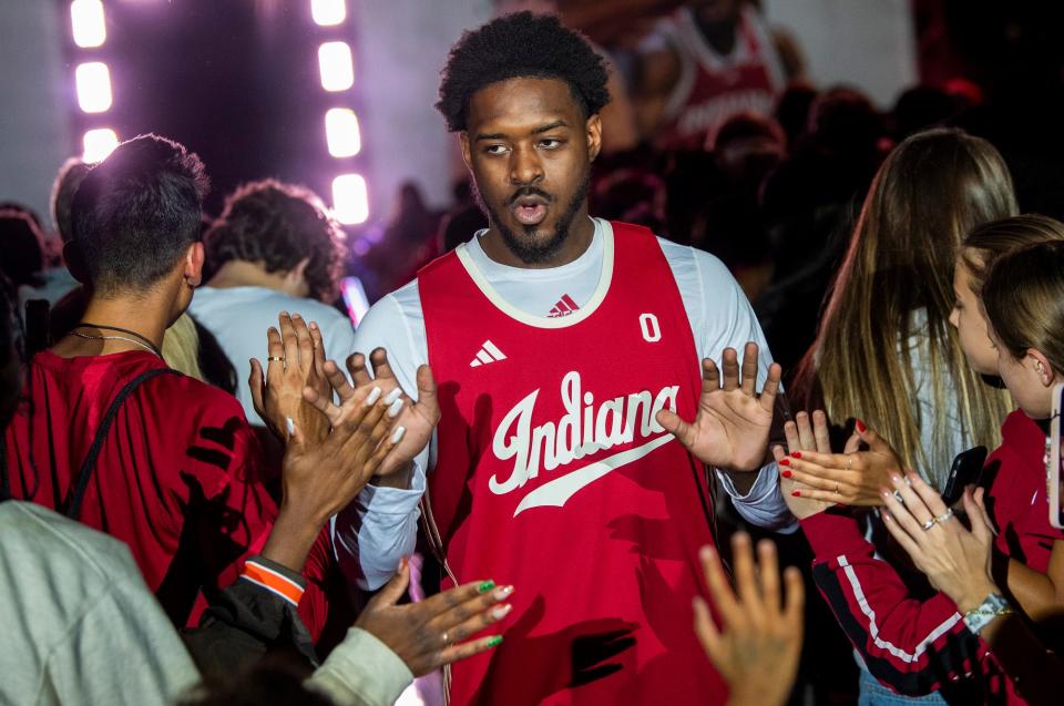 Indiana's Xavier Johnson is announced during Hoosier Hysteria at Simon Skjodt Assembly Hall on Friday, October 20, 2023.