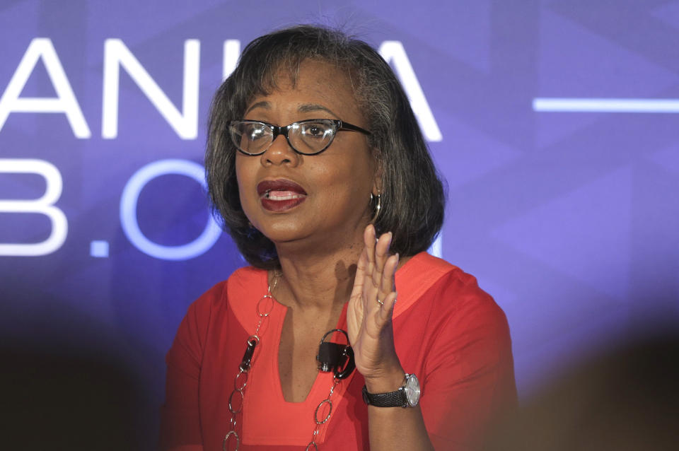 Anita Hill answers questions during a forum on Friday, Sept. 28, 2018 in Houston. Hill says one of the things that stood out to her from Supreme Court nominee Brett Kavanaugh's hearing was how his emotional and angry testimony compared to the calm testimony of the woman accusing him of sexual assault. (Elizabeth Conley /Houston Chronicle via AP)