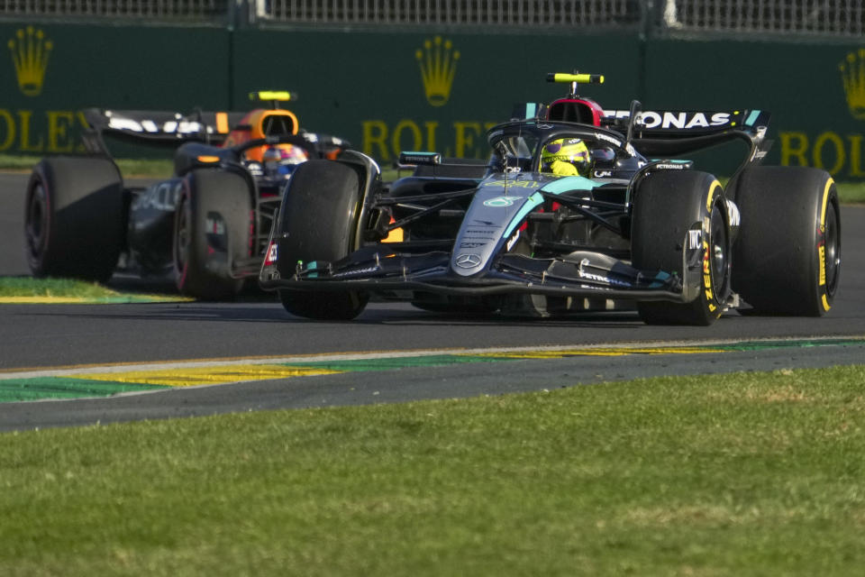 Mercedes driver Lewis Hamilton of Britain steers his car during the second practice session of the Australian Formula One Grand Prix at Albert Park, in Melbourne, Australia, Friday, March 22, 2024. (AP Photo/Scott Barbour)