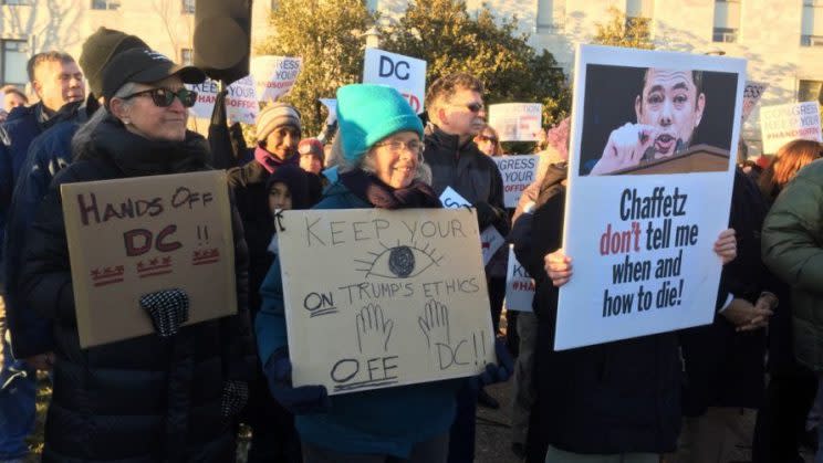  Protesters in favor of Washington, D.C's assisted suicide law gather outside congressional office buildings on Feb. 13. Martin Austermuhle/WAMU 