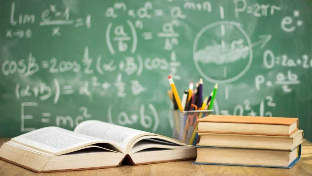 Stock photo of books in classroom.