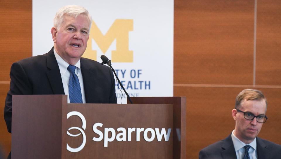 Marschall S. Runge, Dean of the U-M Medical School and CEO of Michigan Medicine speaks Friday, Dec. 9, 2022, during a press conference at Sparrow Hospital where he and officials spoke about Sparrow Healthcare's new partnership with Michigan Medicine.