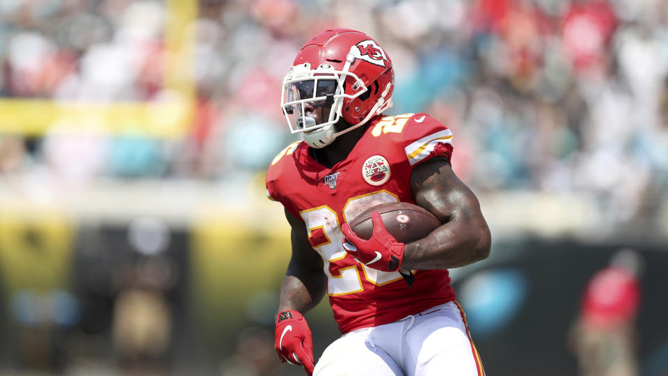 Kansas City Chiefs running back Damien Williams (26) makes a reception during an NFL football game against the Jacksonville Jaguars, Sunday, Sept. 8, 2019, in Jacksonville, Fla. The Chiefs defeated the Jaguars 40-26. (AP Photo/Perry Knotts)