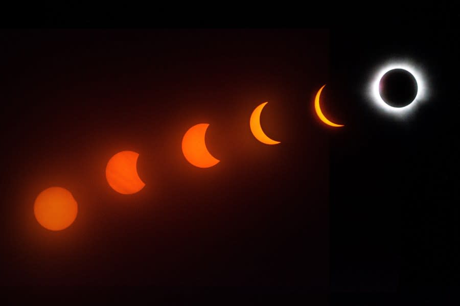 In this digital composite image, a view of the evolution of the total solar eclipse is seen from a beach in Mazatlan, Mexico on April 8, 2024. (Photo by Miguel Martínez Corona/ ObturadorMX/ Getty Images)