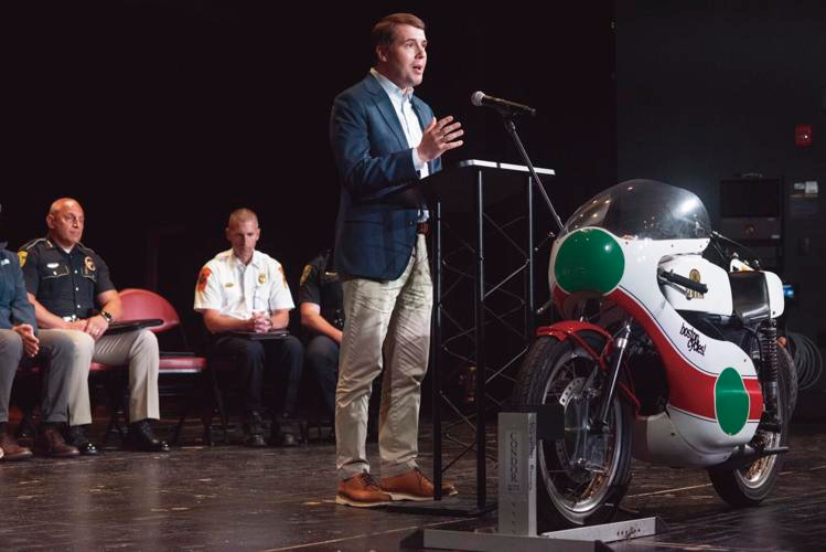 Rep. Chris Pappas (D-NH-01) speaks during a press conference ahead of the 101st Laconia Motorcycle Week at the Colonial Theatre in Laconia on Thursday morning.