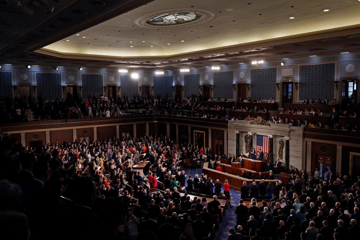 WASHINGTON, DC - APRIL 11: Japanese Prime Minister Fumio Kishida addresses a joint meeting of Congress in the House of Representatives at the U.S. Capitol on April 11, 2024 in Washington, DC. Kishida is scheduled to return to the White House Thursday to participate in a trilateral meeting with U.S. President Joe Biden and Philippines President Ferdinand Marcos Jr. to discuss Beijing's provocations in the Indo-Pacific region and security in the South China Sea. (Photo by Chip Somodevilla/Getty Images)