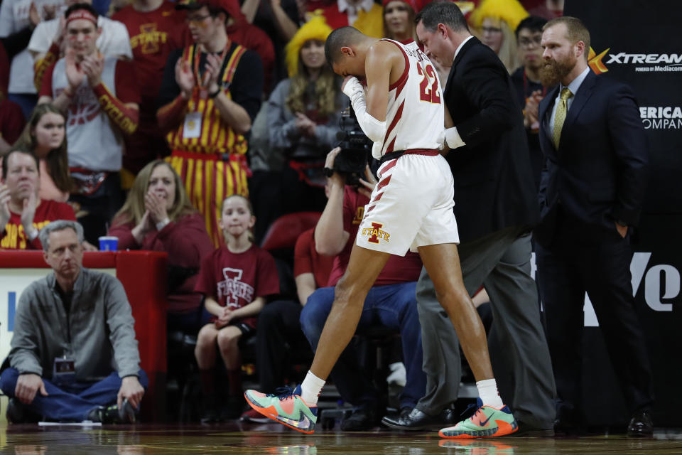 Iowa State guard Tyrese Haliburton walks off the court after an injury during the first half of an NCAA college basketball game against Kansas State, Saturday, Feb. 8, 2020, in Ames, Iowa. (AP Photo/Matthew Putney)