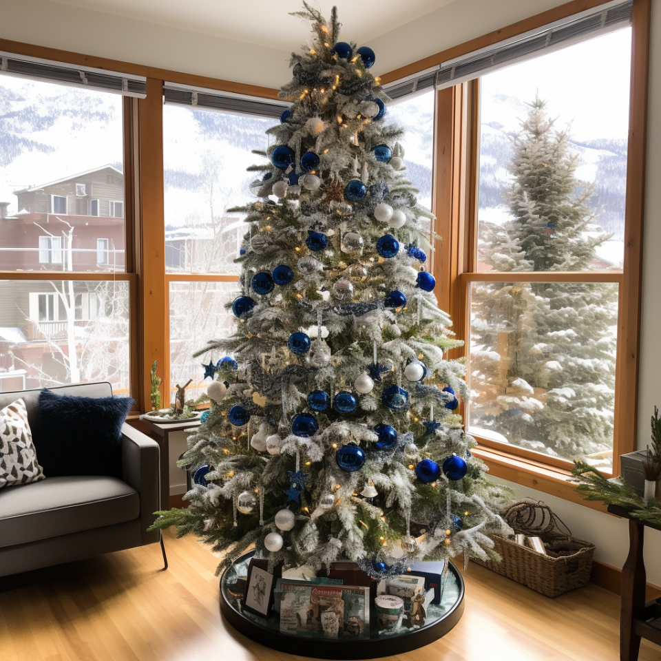 A Christmas tree in the corner of a living room next to some windows that looks like it's covered in snow with lights and simple ornaments on it with a few trinkets placed underneath it