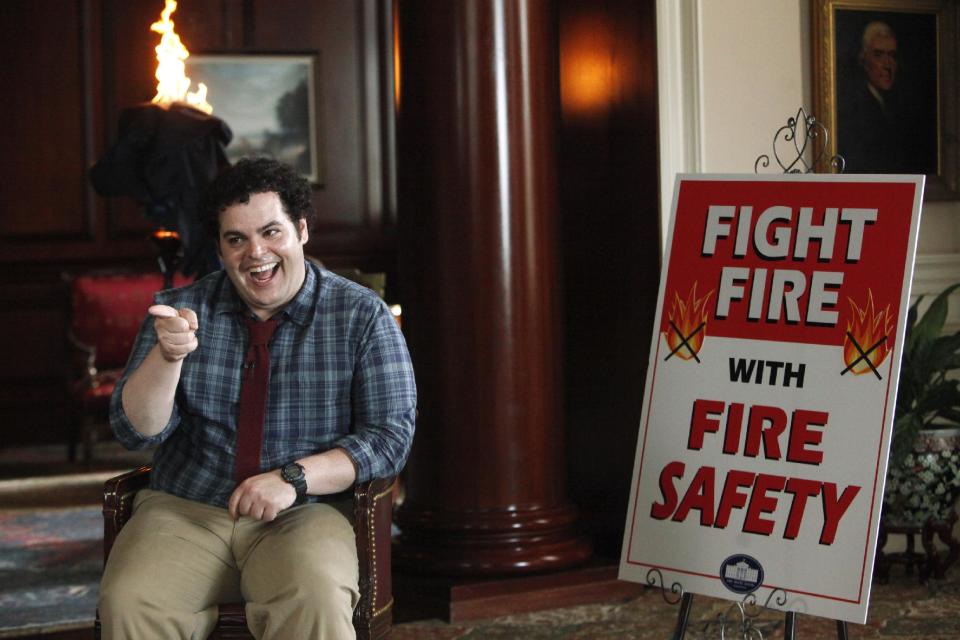 This undated publicity photo released by NBC shows Josh Gad as Skip in a scene from "Putting Out Fires" in NBC's new show, "1600 Penn." The comedy set in the White House stars Josh Gad, Bill Pullman and Jenna Elfman. It airs 9:30 p.m. EST Thursday on NBC. (AP Photo/NBC, Jordin Althaus)