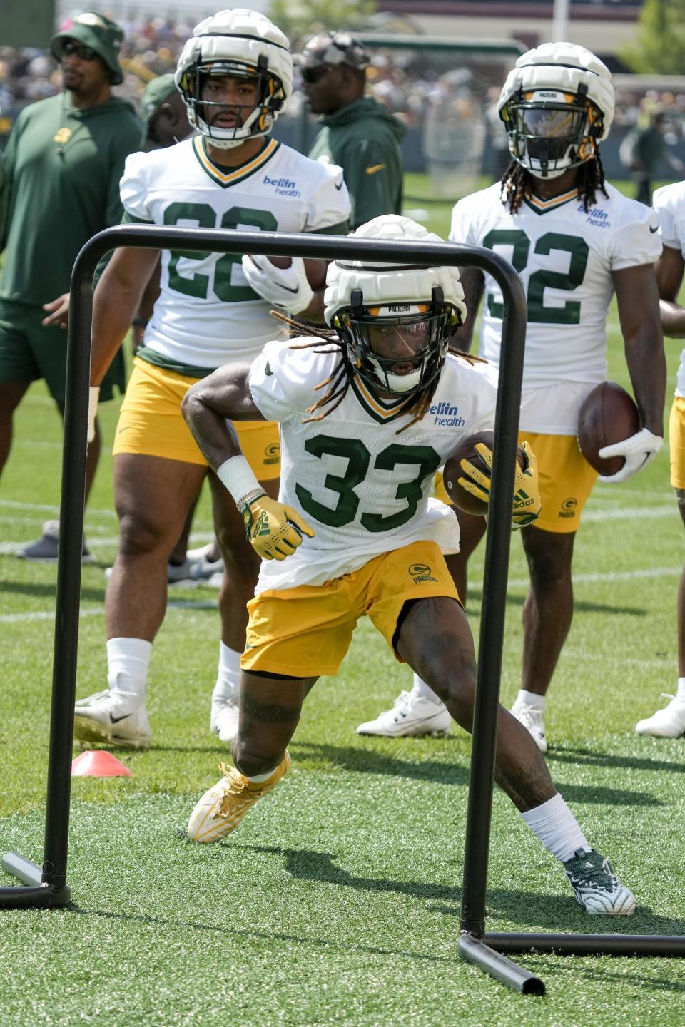 Green Bay Packers' Aaron Jones runs during NFL football training camp Thursday, July 27, 2023, in Green Bay, Wis. (AP Photo/Morry Gash)
