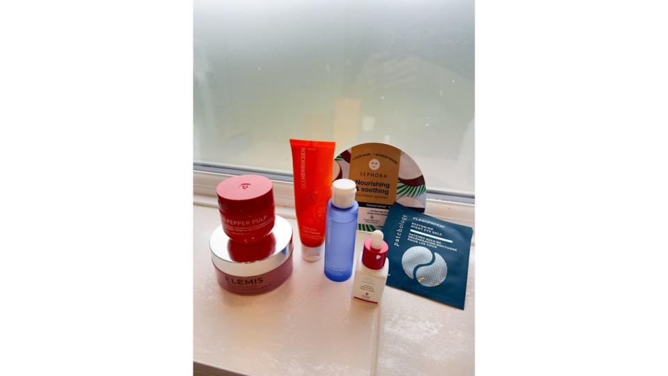 Lucy's Evening Skincare Routine Products on her Window Sill 