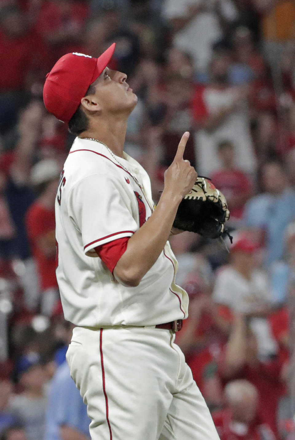 St. Louis Cardinals relief pitcher Giovanny Gallegos celebrates after the final out in the team's baseball game against the Kansas City Royals, Saturday, Aug. 7, 2021, in St. Louis. The Cardinals won 5-2. (AP Photo/Tom Gannam)