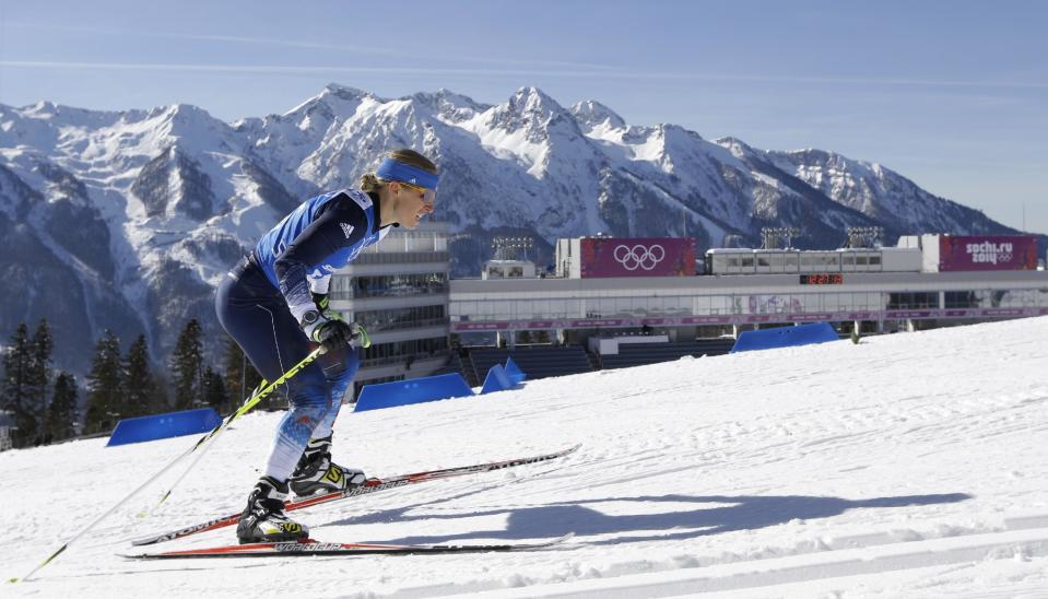 Lanny Barnes of the United States skis during a biathlon training session at the 2014 Winter Olympics, Friday, Feb. 7, 2014, in Krasnaya Polyana, Russia. (AP Photo/Kirsty Wigglesworth)