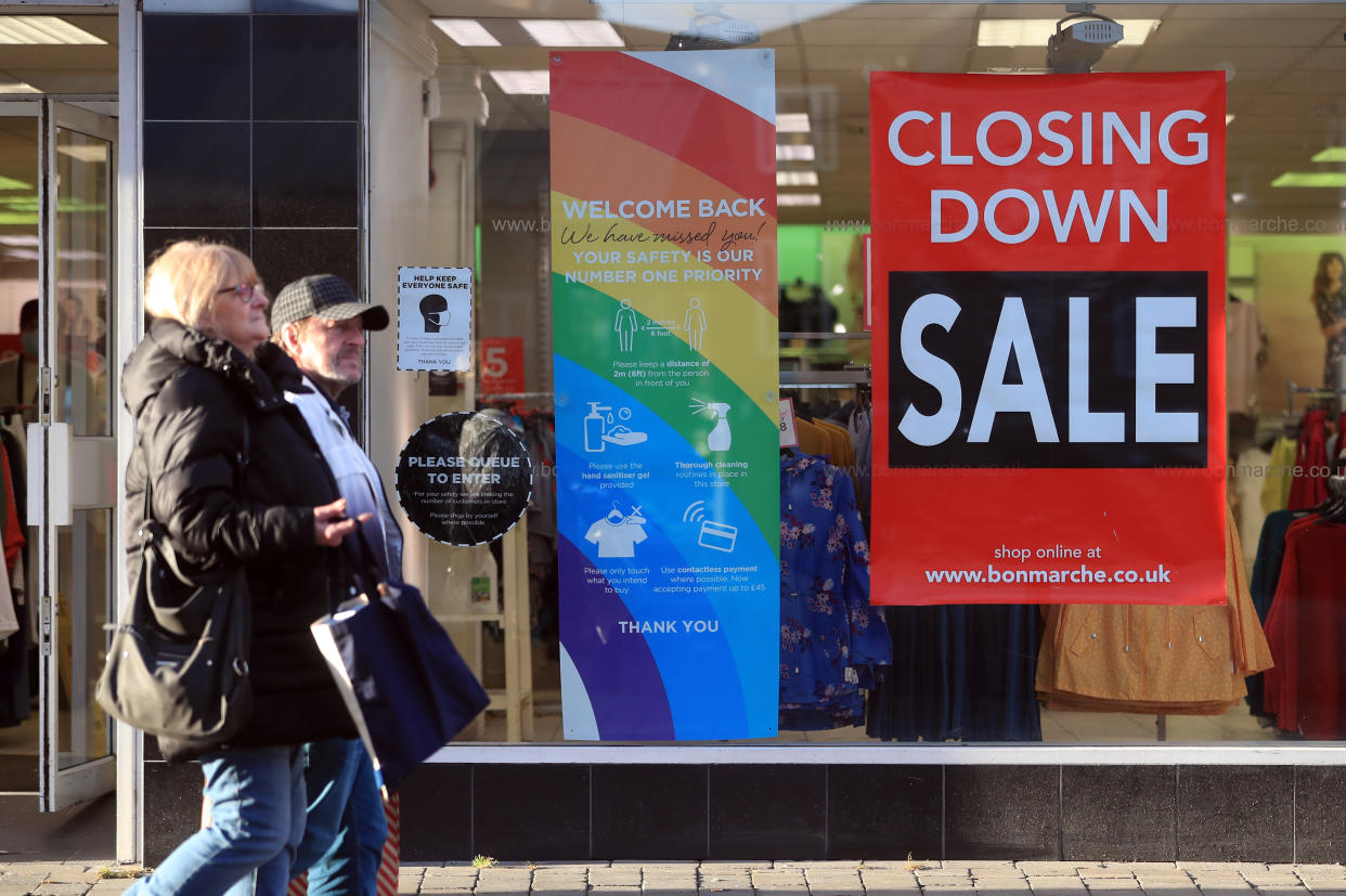 Bonmarche in Doncaster City Centre, advertising its closing down sale, on the day non-essential shops in England open their doors to customers for the first time after the second national lockdown ends and England has a strengthened tiered system of regional coronavirus restrictions.