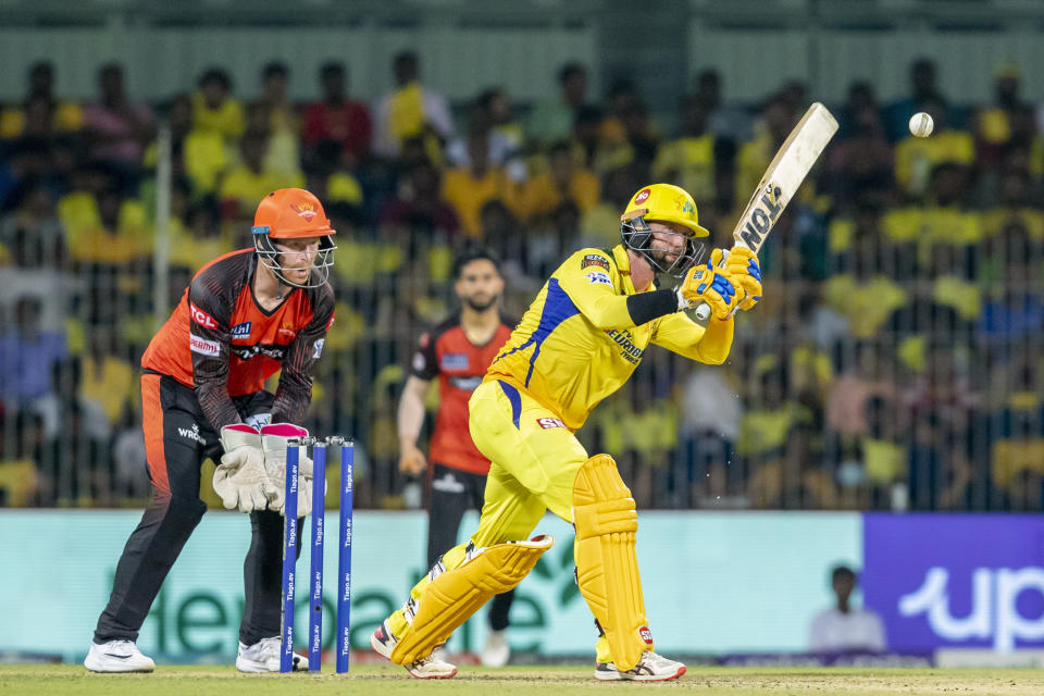 Chennai Super Kings' Devon Conway plays a shot during the Indian Premier League cricket match between Chennai Super Kings and Sunrisers Hyderabad in Chennai, India, Friday, April 21, 2023. (AP Photo/R. Parthibhan)