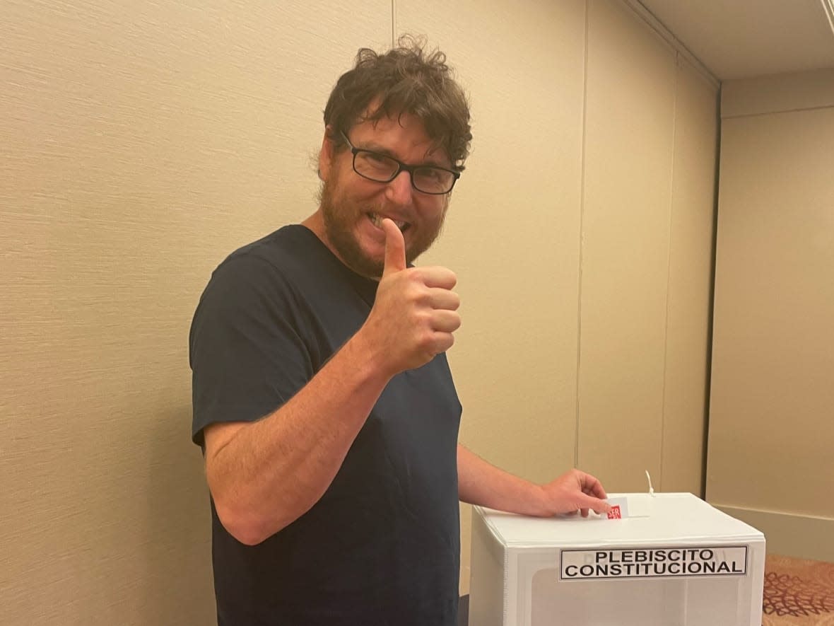 Sebastian Ried, a Chilean living in Hamilton, voted in the referendum at a polling station in Toronto, one of six cities where Chileans could vote in Canada. He felt 'hope and fear' earlier in the day but was saddened by the results, he said Sunday evening.  (Submitted by Sebastian Ried - image credit)