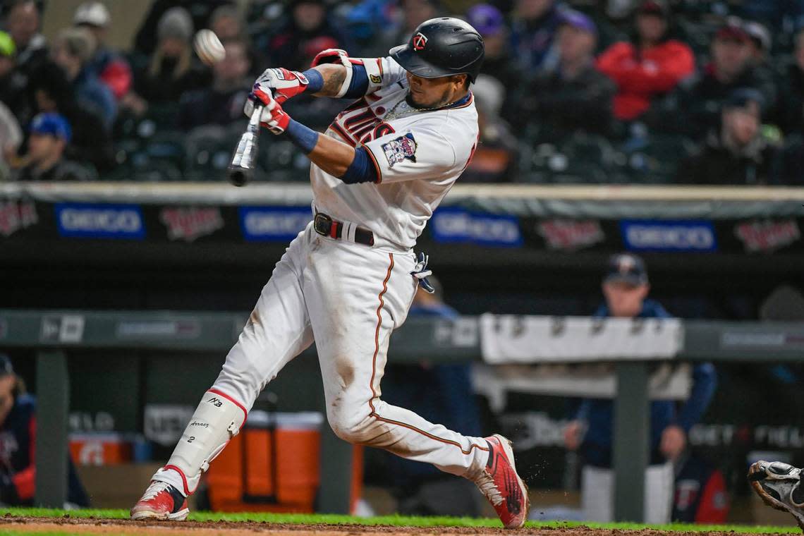 The Minnesota Twins’ Luis Arraez bats in a game against the Chicago White Sox on April 22, 2022, in Minneapolis.