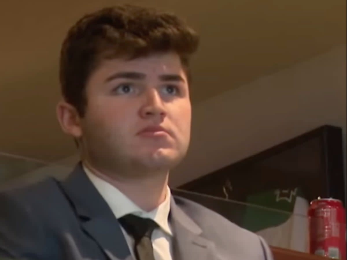 Mitchell Miller, who was signed to play in a development league by the Boston Bruins NHL team. Mr Miller, now 20, was convicting of assaulting a classmate when he was 14. He allegedly used racial slurs against the Black student during the assault. (screengrab/CBS Boston)