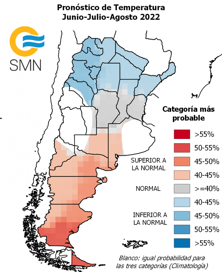 Pronóstico de temperatura para junio, julio y agosto de 2022