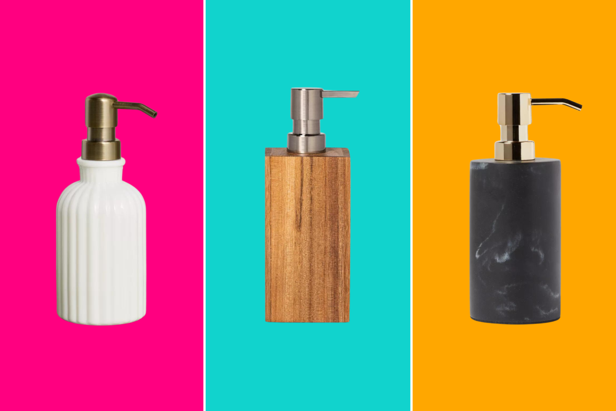 three soap dispensers in assorted styles on a colorful background