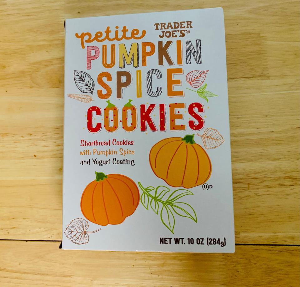 Trader Joe's petite pumpkin spice cookies box on table