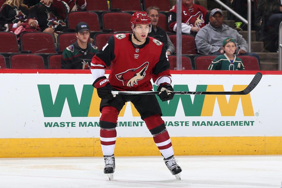 GLENDALE, ARIZONA - DECEMBER 19: Taylor Hall #91 of the Arizona Coyotes in action during the NHL game against the Minnesota Wild at Gila River Arena on December 19, 2019 in Glendale, Arizona. The Wild defeated the Coyotes 8-5. (Photo by Christian Petersen/Getty Images)