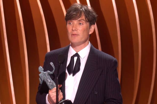 <p>Netflix</p> Cillian Murphy gives an acceptance speech at the SAG Awards in Los Angeles on Feb. 24, 2024