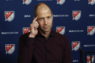 U.S. Men's National Team head coach Gregg Berhalter is interviewed during the Major League Soccer 25th Season kickoff event, in New York, Wednesday, Feb. 26, 2020. (AP Photo/Richard Drew)