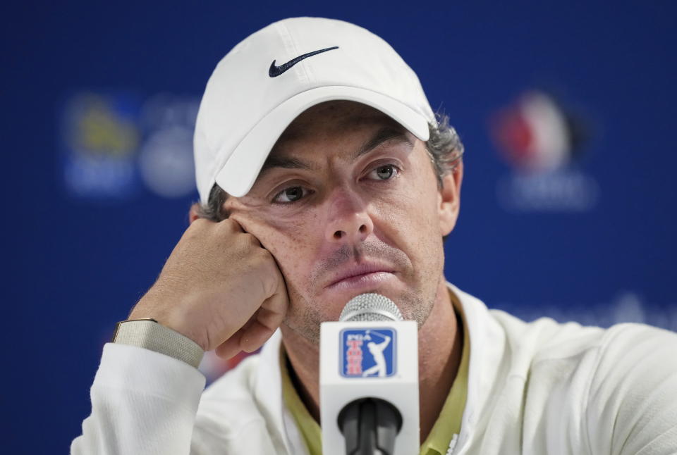 Rory McIlroy speaks to the media about the deal merging the PGA Tour and European tour with Saudi Arabia's golf interests at the Canadian Open golf tournament in Toronto on Wednesday, June 7, 2023. (Nathan Denette/The Canadian Press via AP)