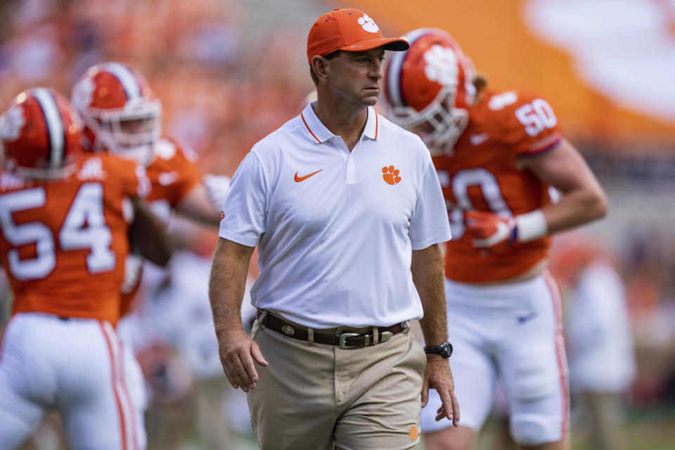 Clemson head coach Dabo Swinney looks on before an NCAA college football game against Charleston Southern on Saturday, Sep. 9, 2023, in Clemson, S.C. (AP Photo/Jacob Kupferman)