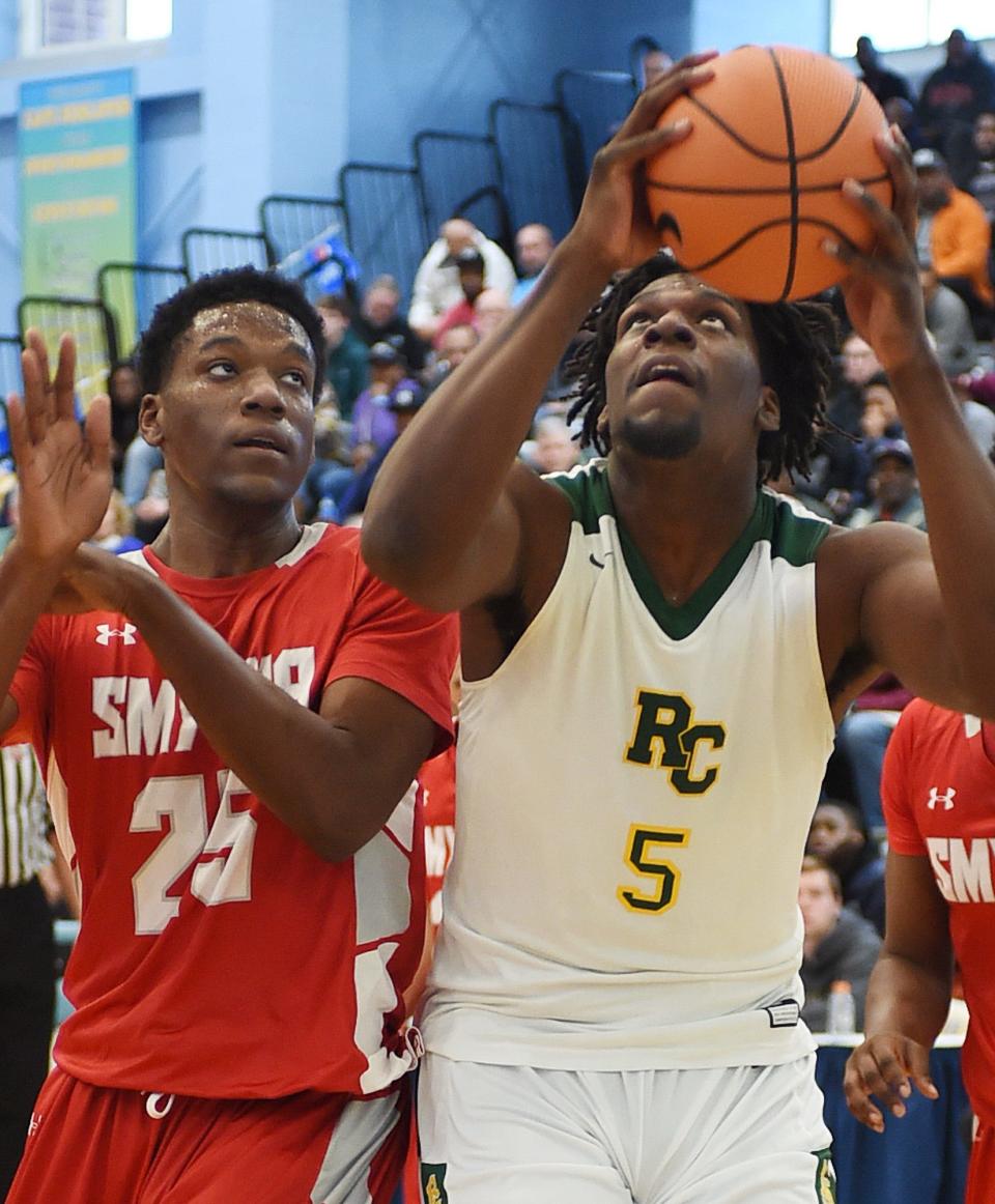 Current Minnesota Timberwolves player Naz Reid (5) plays for Roselle (New Jersey) Catholic against Smyrna in the Slam Dunk to the Beach showcase on Dec. 28, 2017, at Cape Henlopen High School.