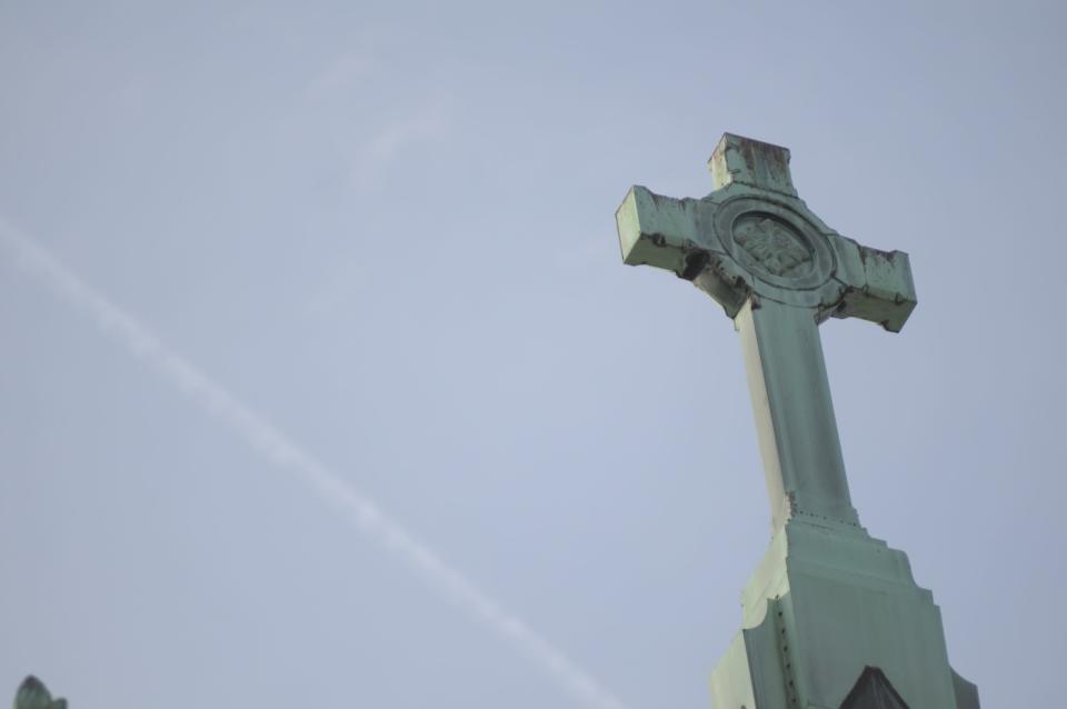 The steeple of Trinity United Methodist Church in Lafayette