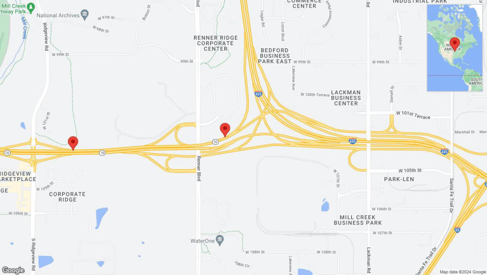 Un mapa detallado que muestra la carretera afectada debido a 'Las fuertes lluvias generan un aviso de tráfico en la K-10 en dirección oeste en Lenexa' el 31 de mayo a las 5:18 p.m.