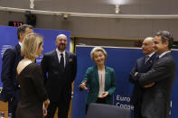 From left, Belgium's Prime Minister Alexander De Croo, Estonia's Prime Minister Kaja Kallas, European Council President Charles Michel, European Commission President Ursula von der Leyen, author of the High-Level Report on the future of the Single Market Enrico Letta and Greece's Prime Minister Kyriakos Mitsotakis speak during a round table meeting at an EU summit in Brussels, Thursday, April 18, 2024. European Union leaders vowed on Wednesday to ramp up sanctions against Iran as concern grows that Tehran's unprecedented attack on Israel could fuel a wider war in the Middle East. (AP Photo/Omar Havana)