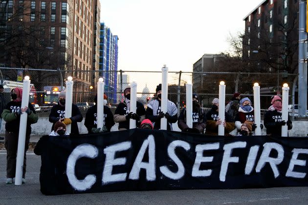 Protesters calling for a cease-fire in the Israel-Hamas war block traffic in Washington on Dec. 14, 2023.