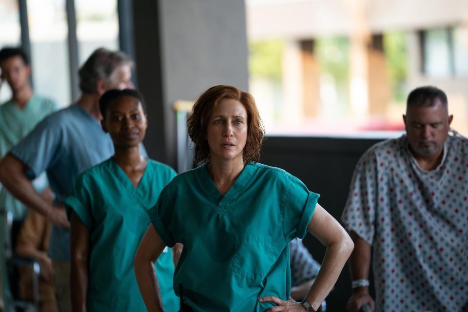 Vera Farmiga plays Dr. Anna Pou in “Five Days at Memorial,” a limited series about what happened at a New Orleans hospital in the aftermath of Hurricane Katrina. The series, co-written and executive-produced by John Ridley, premieres on Apple TV+ Aug. 12.