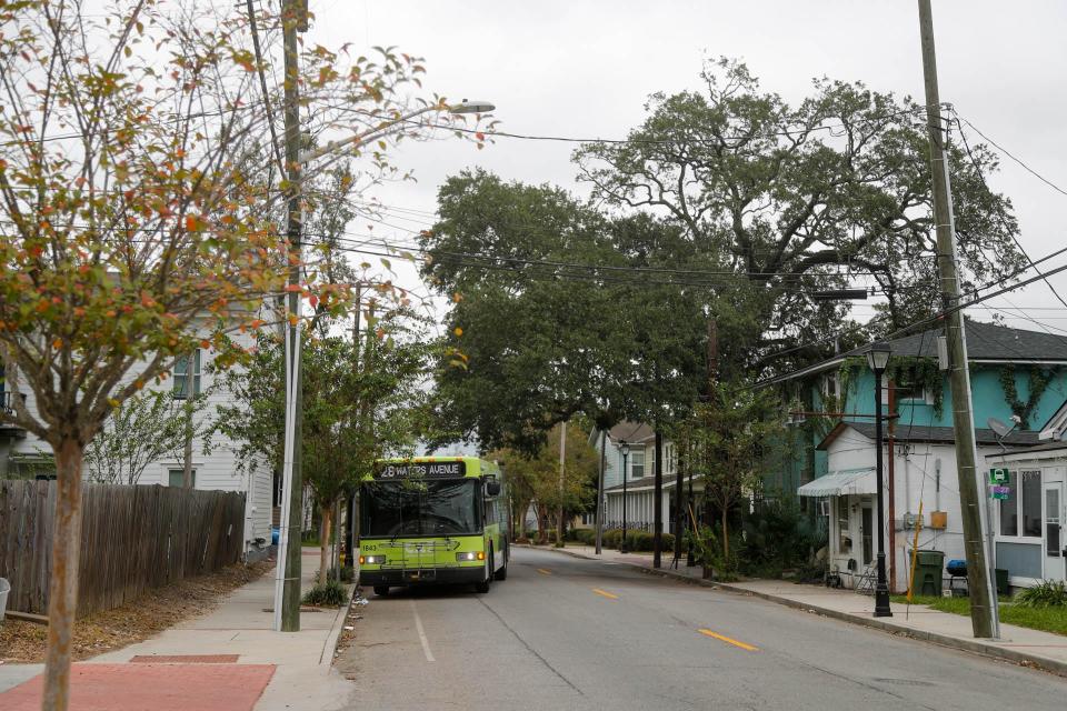 A Chatham County Transit bus stops along Waters Avenue.