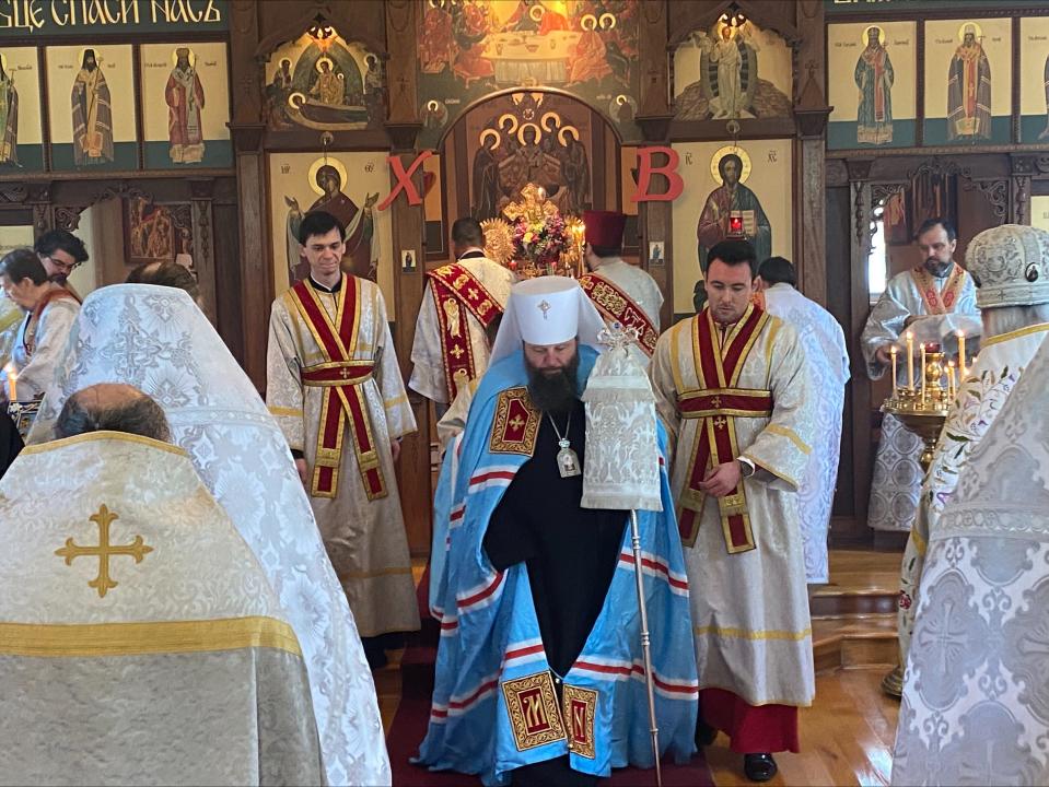 Metropolitan Nicholas Olhovsky performing liturgical services inside and outside of St. George's Church in Howell on St. George's Day.