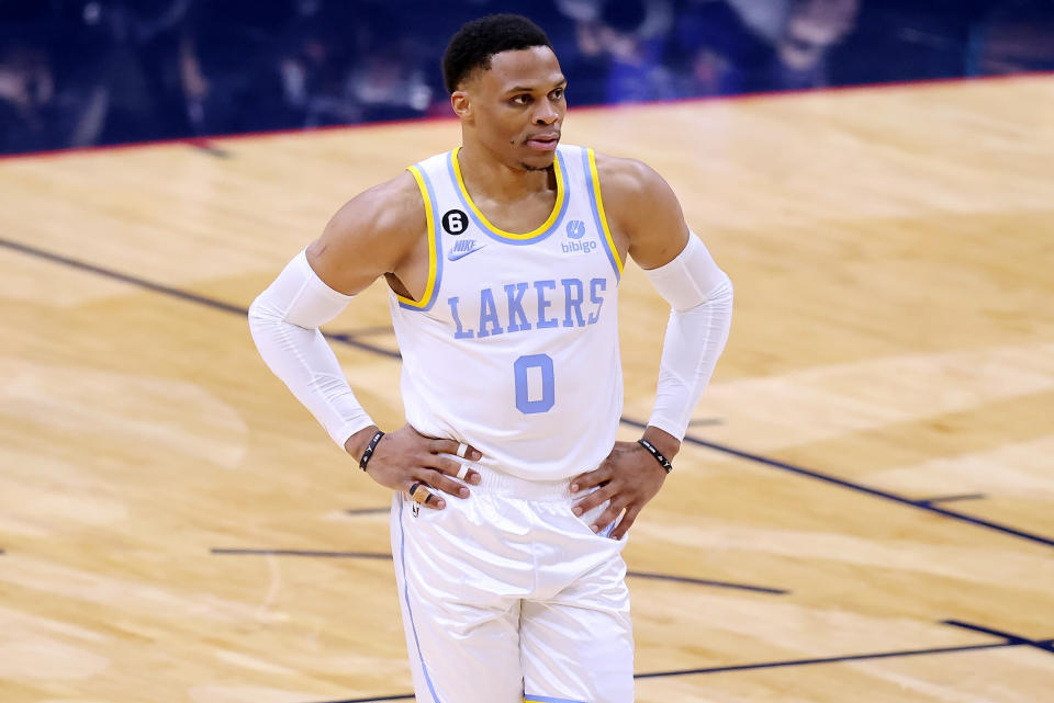 NEW ORLEANS, LOUISIANA - FEBRUARY 04: Russell Westbrook #0 of the Los Angeles Lakers reacts against the New Orleans Pelicans during a game at the Smoothie King Center on February 04, 2023 in New Orleans, Louisiana. NOTE TO USER: User expressly acknowledges and agrees that, by downloading and or using this Photograph, user is consenting to the terms and conditions of the Getty Images License Agreement. (Photo by Jonathan Bachman/Getty Images)
