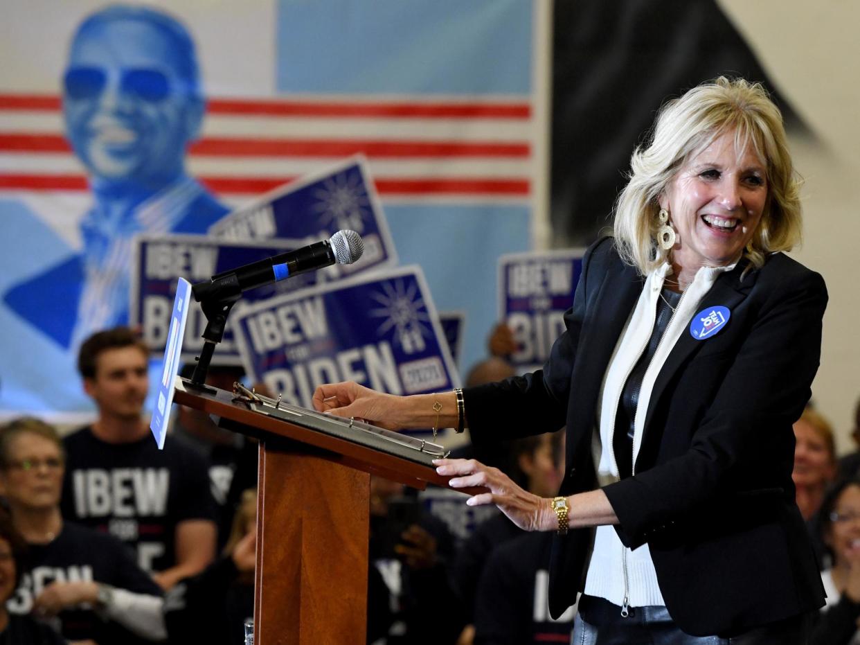 Dr Jill Biden introduces her husband, Democratic presidential candidate former Vice President Joe Biden , during a community event at Hyde Park Middle School on 21 February 2020 in Las Vegas, Nevada: (2020 Getty Images)