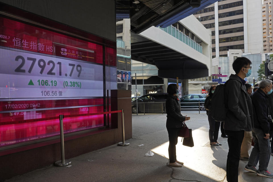 People stand in front of a bank electronic board showing the Hong Kong share index at Hong Kong Stock Exchange Monday, Feb. 17, 2020. Markets are mixed in Asia, with Japan's benchmark slipping 0.8% after the government reported the economy contracted in the last quarter. (AP Photo/Vincent Yu)