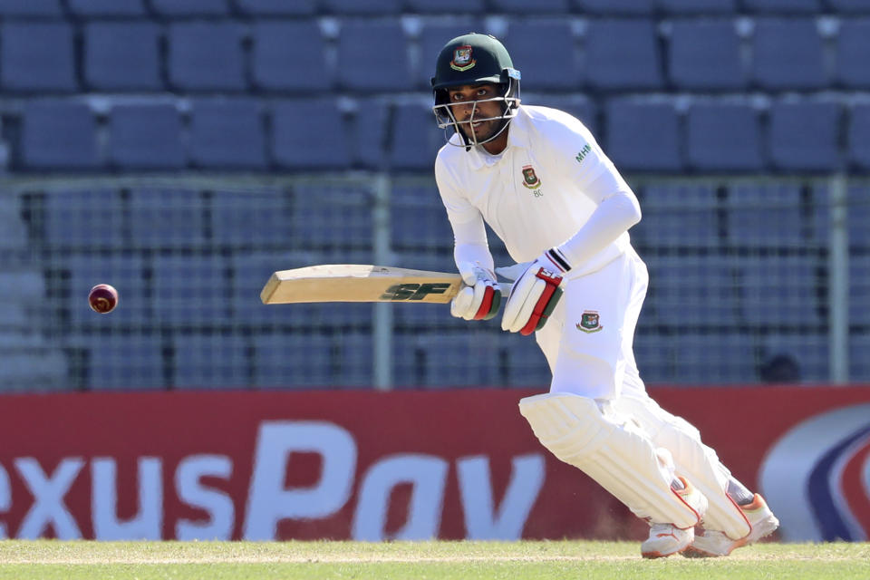 Bangladeshi cricketer Mehidy Hasan Miraz bats during the fourth day of the first test cricket match at Sylhet, Bangladesh, Friday, Dec. 1, 2023. (AP Photo/Mosaraf Hossain)